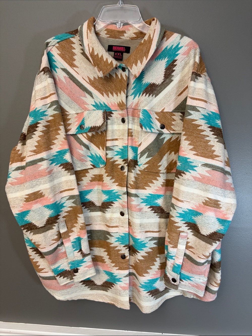 Rock & Roll Denim Aztec Utility Shacket in Teal, Pink, Brown, Cream - Size XXL